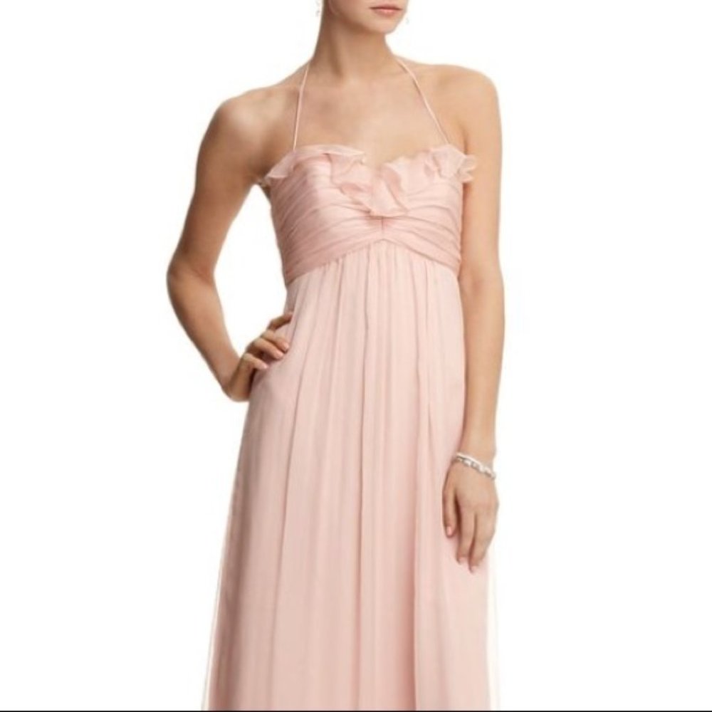 AMSALE pale pink silk chiffon ruffle halter full-length gown